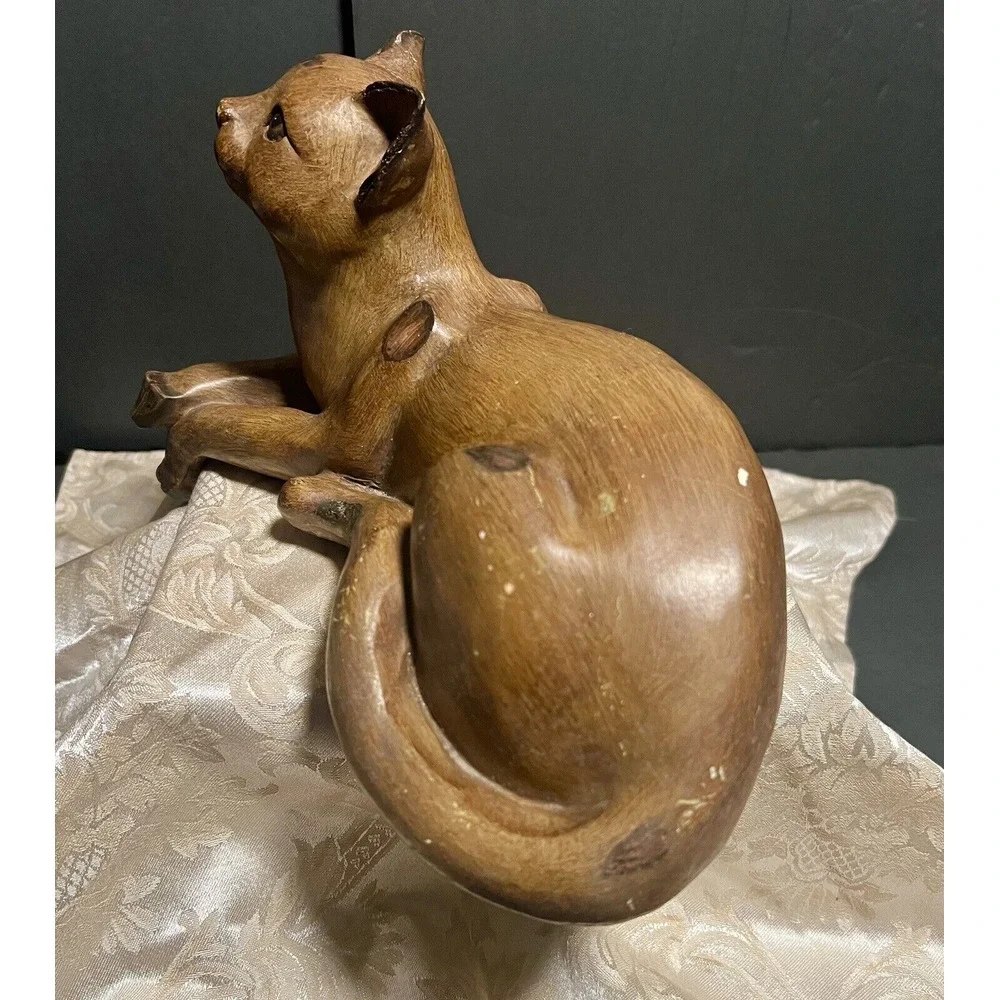 Vintage MCM Rustic Faux Wood Wooden Siamese Handcarved Cat 11